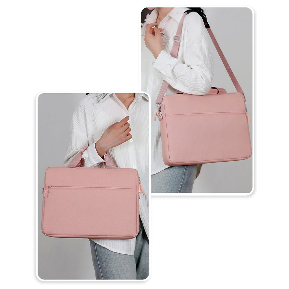 A woman is shown carrying a pink waterproof nylon laptop sleeve bag over her shoulder.