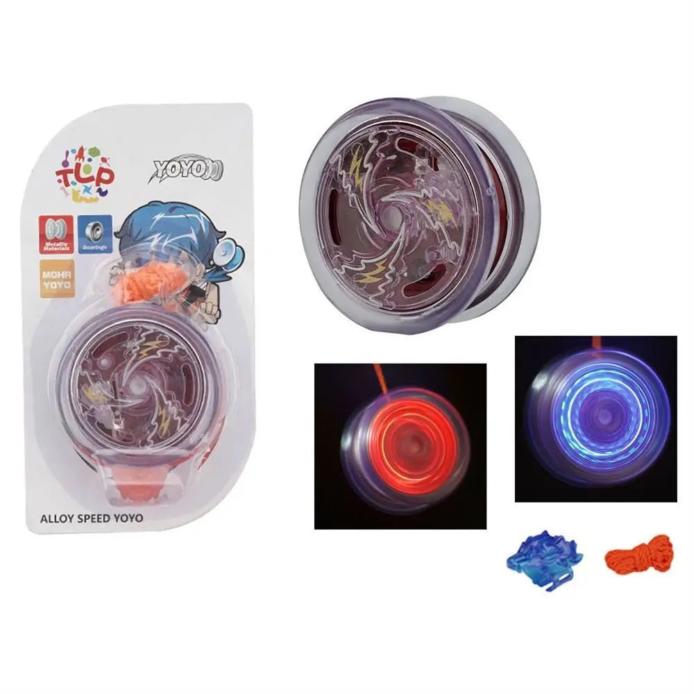 A professional aluminum yo-yo with LED lights shown in various forms and colors.