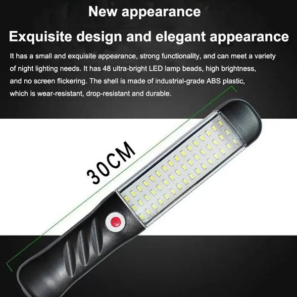 A portable magnetic LED work light with a black handle and multiple bright LED light beads.