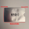 A silver RFID protection card sleeve measuring 9.2cm by 6.1cm with a protective layer.