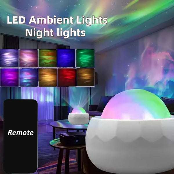 LED ambient lights and night lights illuminating a room with colorful light projections.