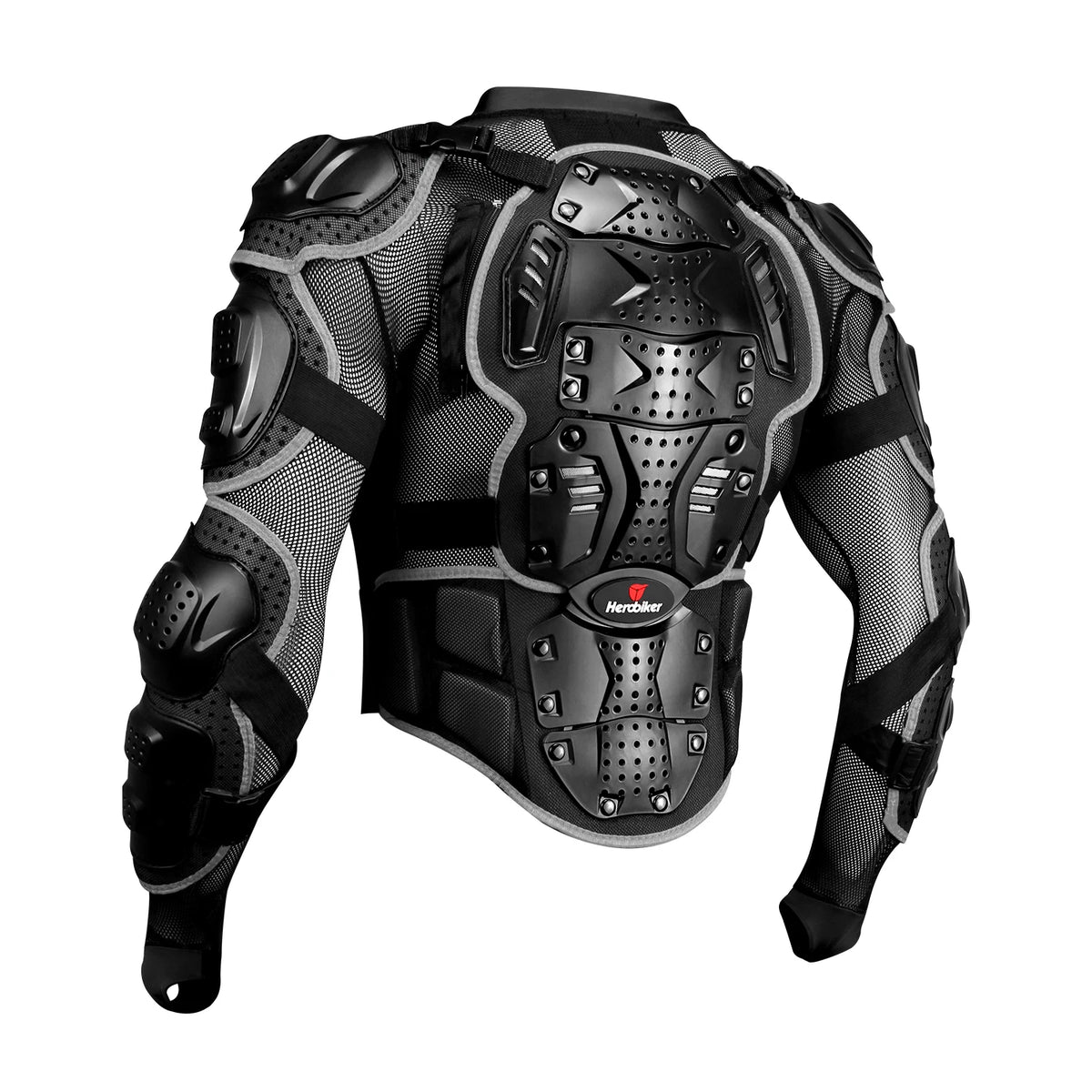 Black motocross armor jacket featuring protective padding and mesh material.