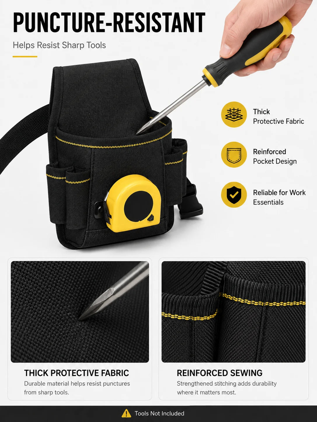 A hand holds a black puncture-resistant tool pouch with a yellow accent, showing its reinforced design and thick fabric.