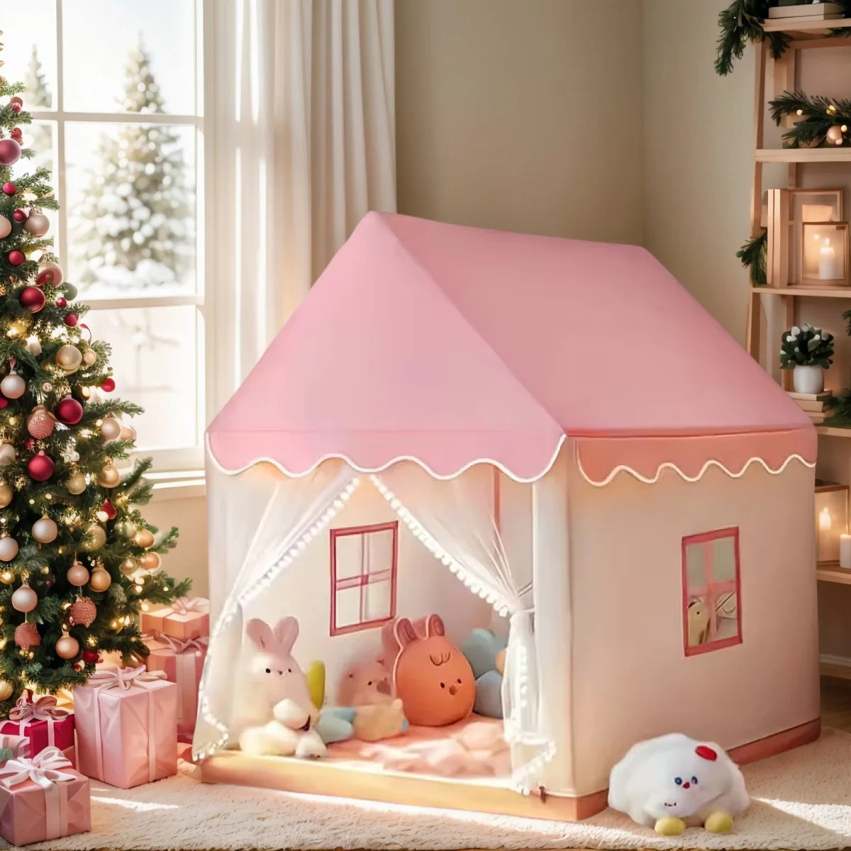 A pink fairy tale castle play tent for kids with a pitched roof and decorative window details.