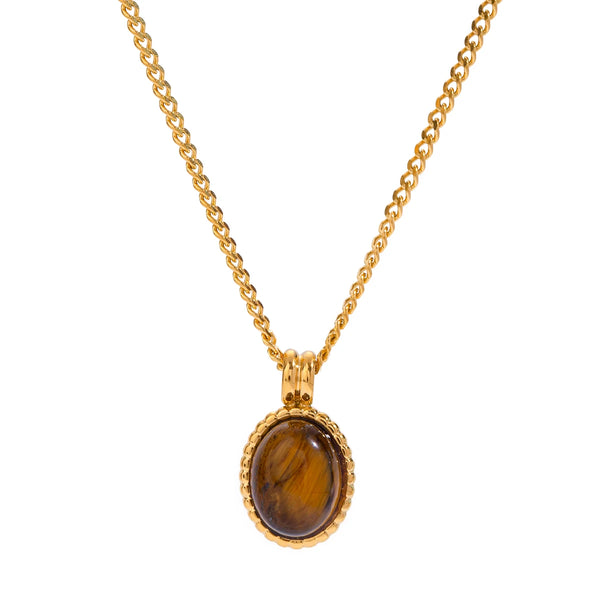 Gold chain necklace with an oval tiger's eye gemstone pendant