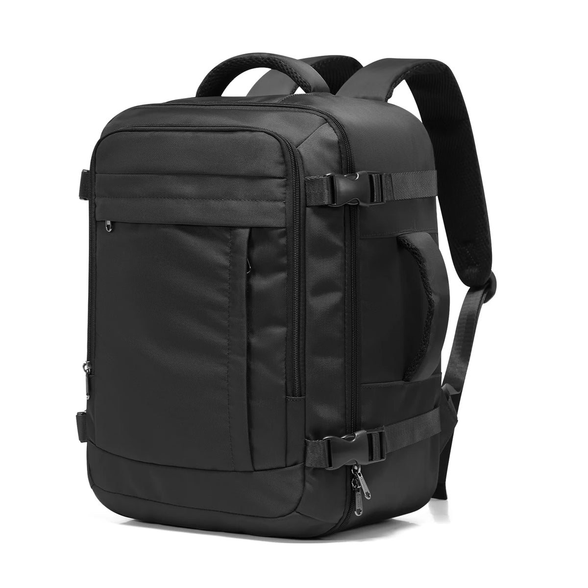 A black compact underseat travel backpack with padded straps and zippered compartments.