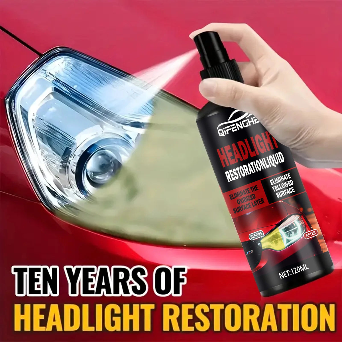 A hand is applying a liquid headlight restoration product to a car headlight, showing before and after results.