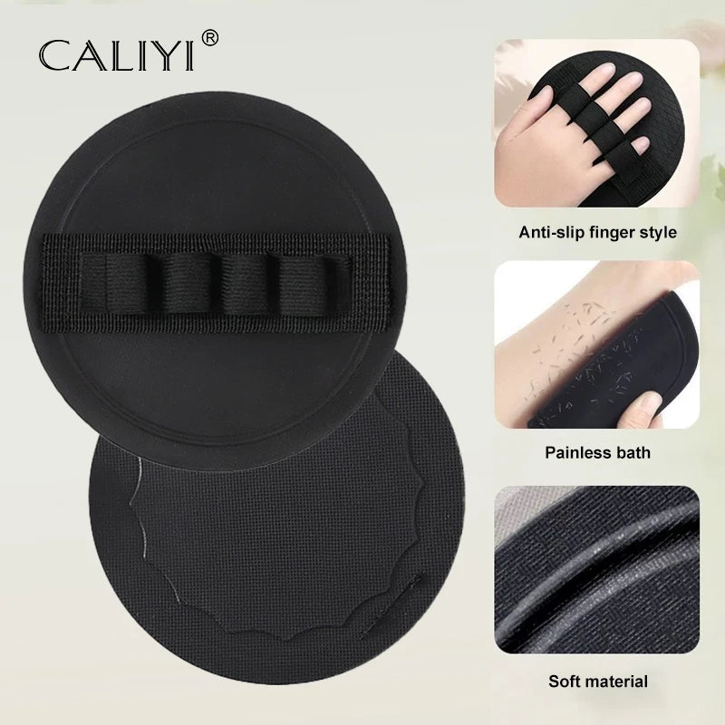 Black exfoliating body scrub gloves with anti-slip finger style and soft material for a painless bath.