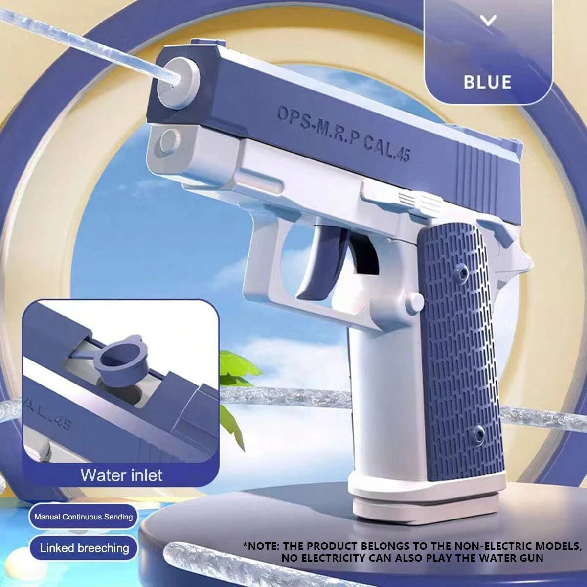A blue OPS-M.R.P CAL.45 water gun is shown, with an inset demonstrating the water inlet.