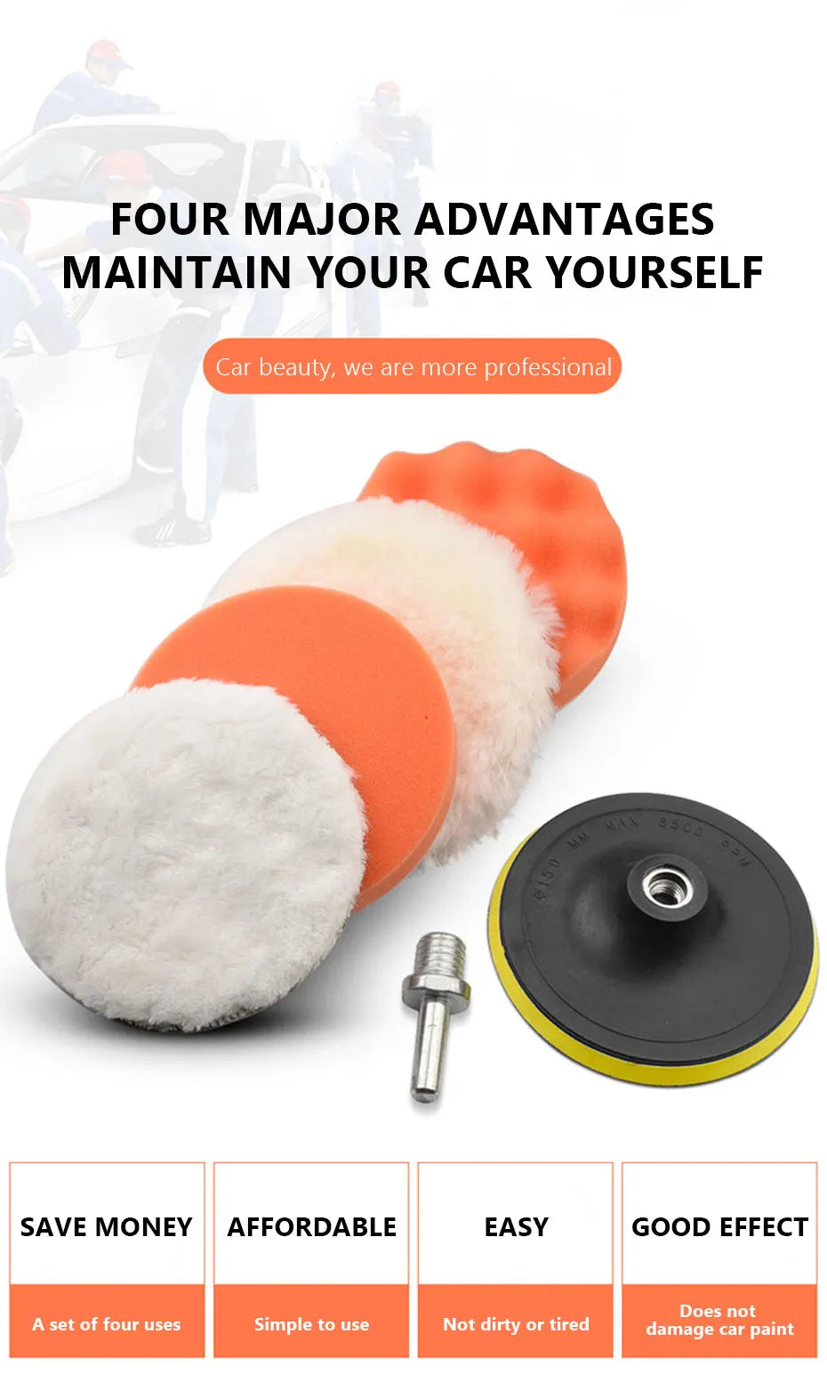 A set of six car polishing sponge pads in various sizes and an attachment for scratch removal