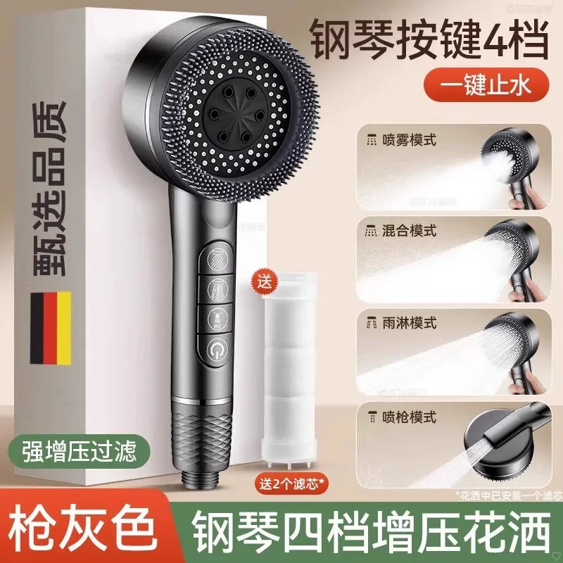 A black high-pressure shower head with four modes, including a rain mode and a mist mode, shown next to its packaging.