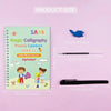A green notebook titled Magic Calligraphy Practice Copybook for preschoolers with an alphabet and a black pen and a blue cuto