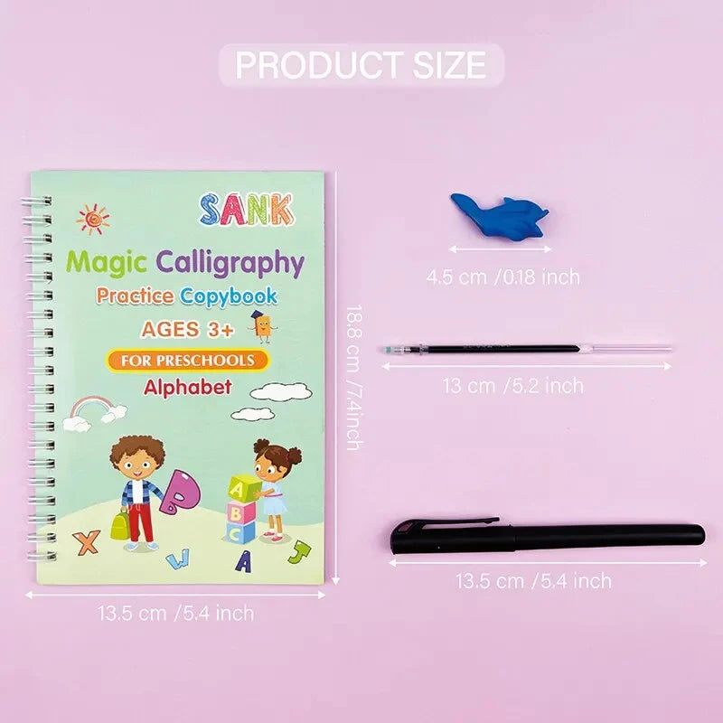 A green notebook titled Magic Calligraphy Practice Copybook for preschoolers with an alphabet and a black pen and a blue cuto