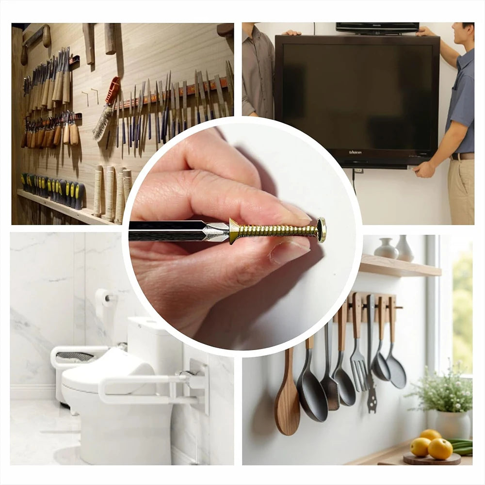 A collection of heavy duty steel wall anchors and various tools are shown alongside a television and a toilet.
