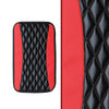 Black and red quilted PU car armrest cover with a storage pad.