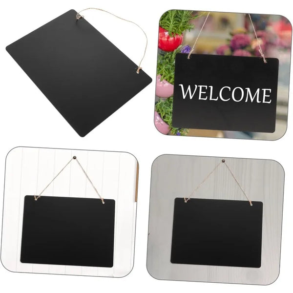 A set of double-sided hanging chalkboard signs in black and silver, featuring a welcome message.