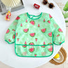 A light green waterproof long-sleeve baby feeding smock patterned with pink watermelon slices and green leaves.