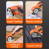 Orange cordless rotary scissors demonstrating paper, plastic, cardboard, and carpet cutting.