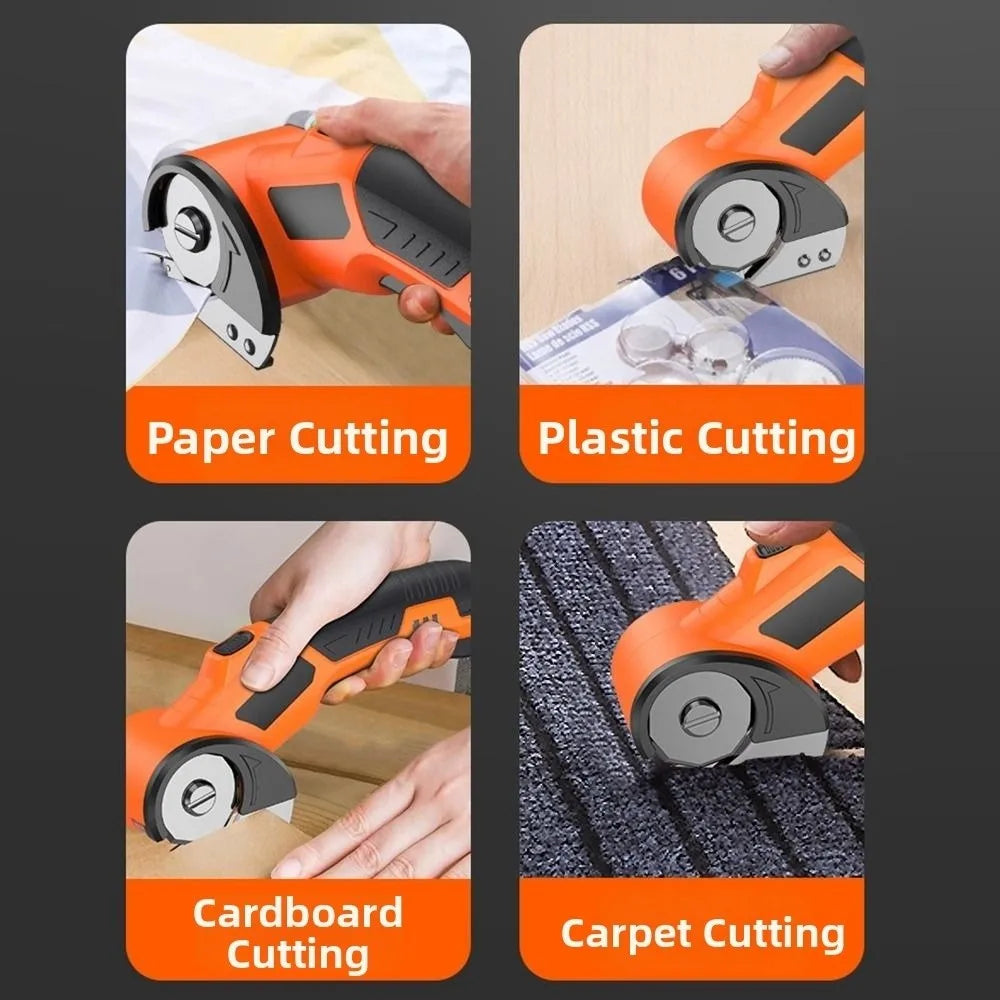 Orange cordless rotary scissors demonstrating paper, plastic, cardboard, and carpet cutting.