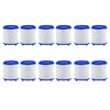 A set of twelve white and blue rotating kitchen faucet water filters with splash guards.