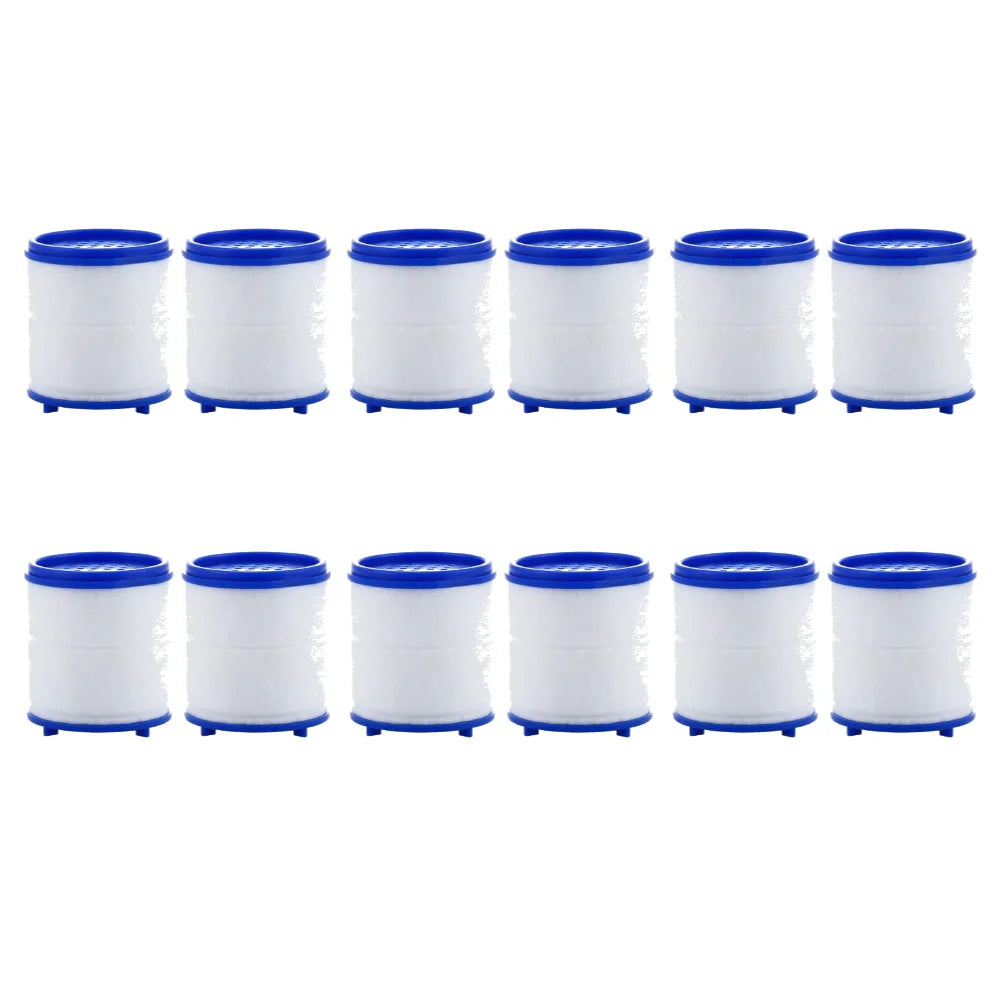 A set of twelve white and blue rotating kitchen faucet water filters with splash guards.