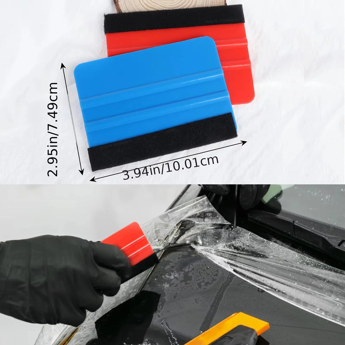 A hand is using a felt squeegee to apply window tint or vinyl wrap on a car window.