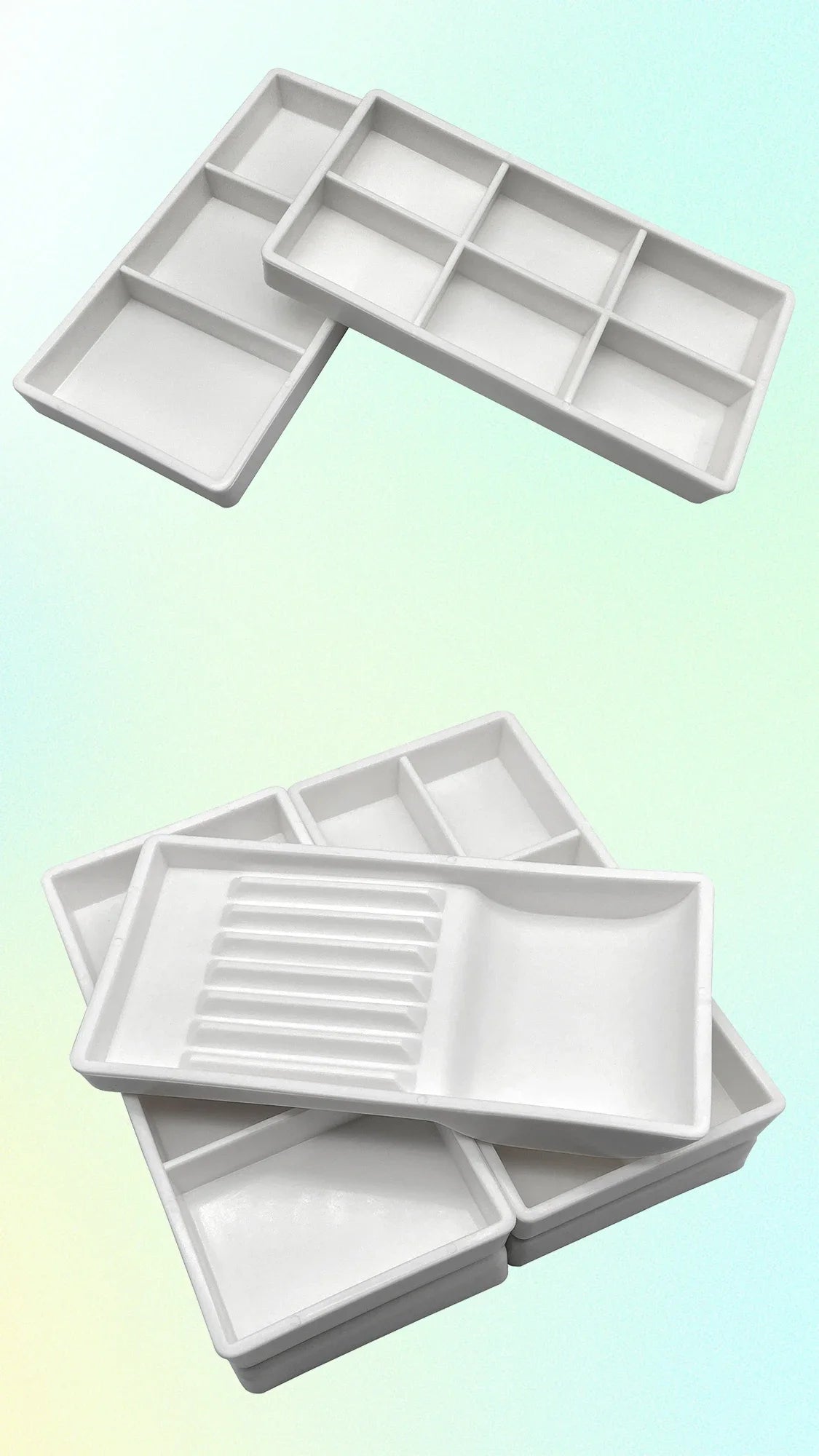 White plastic drawer organizer trays for dental instruments shown in two different configurations.