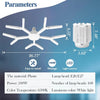A white LED light fixture with a five-spoke design and an E27 base is shown alongside its specifications.