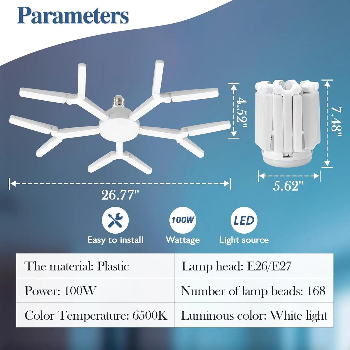 A white LED light fixture with a five-spoke design and an E27 base is shown alongside its specifications.