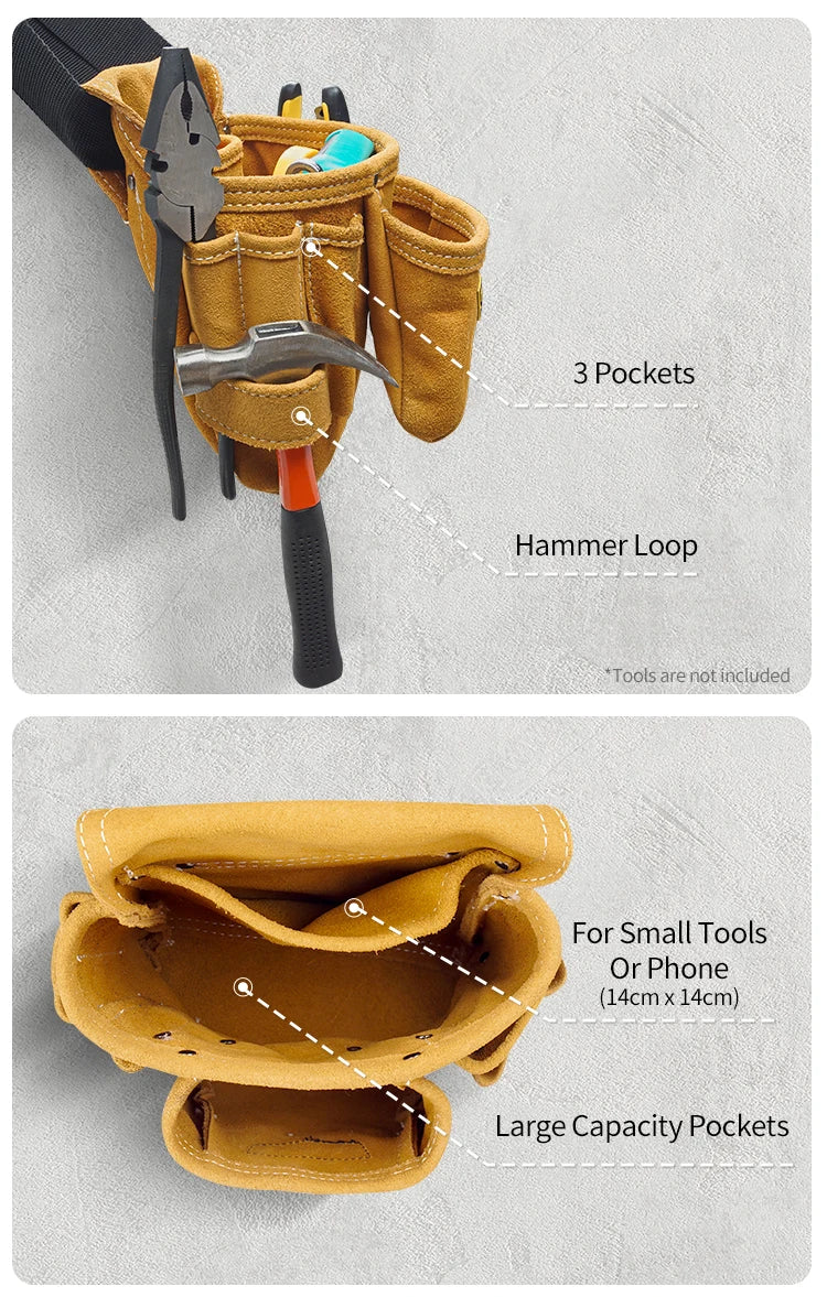 A tan tool pouch featuring a hammer loop and three small pockets, designed for holding various tools.