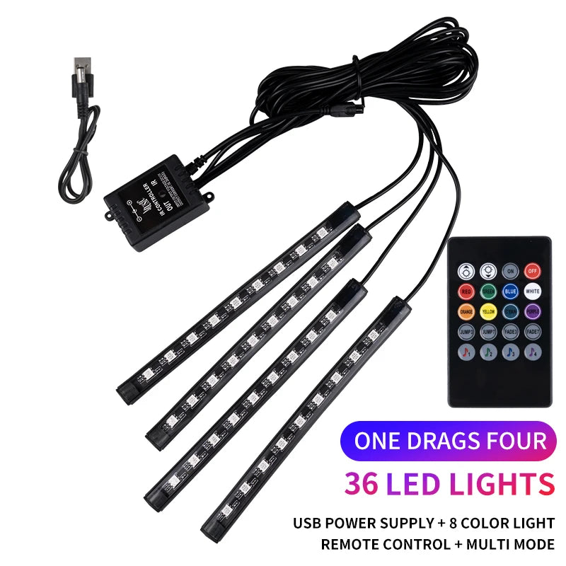 An RGB LED car interior ambient light kit with multiple strips and a remote control for music sync and multi mode.