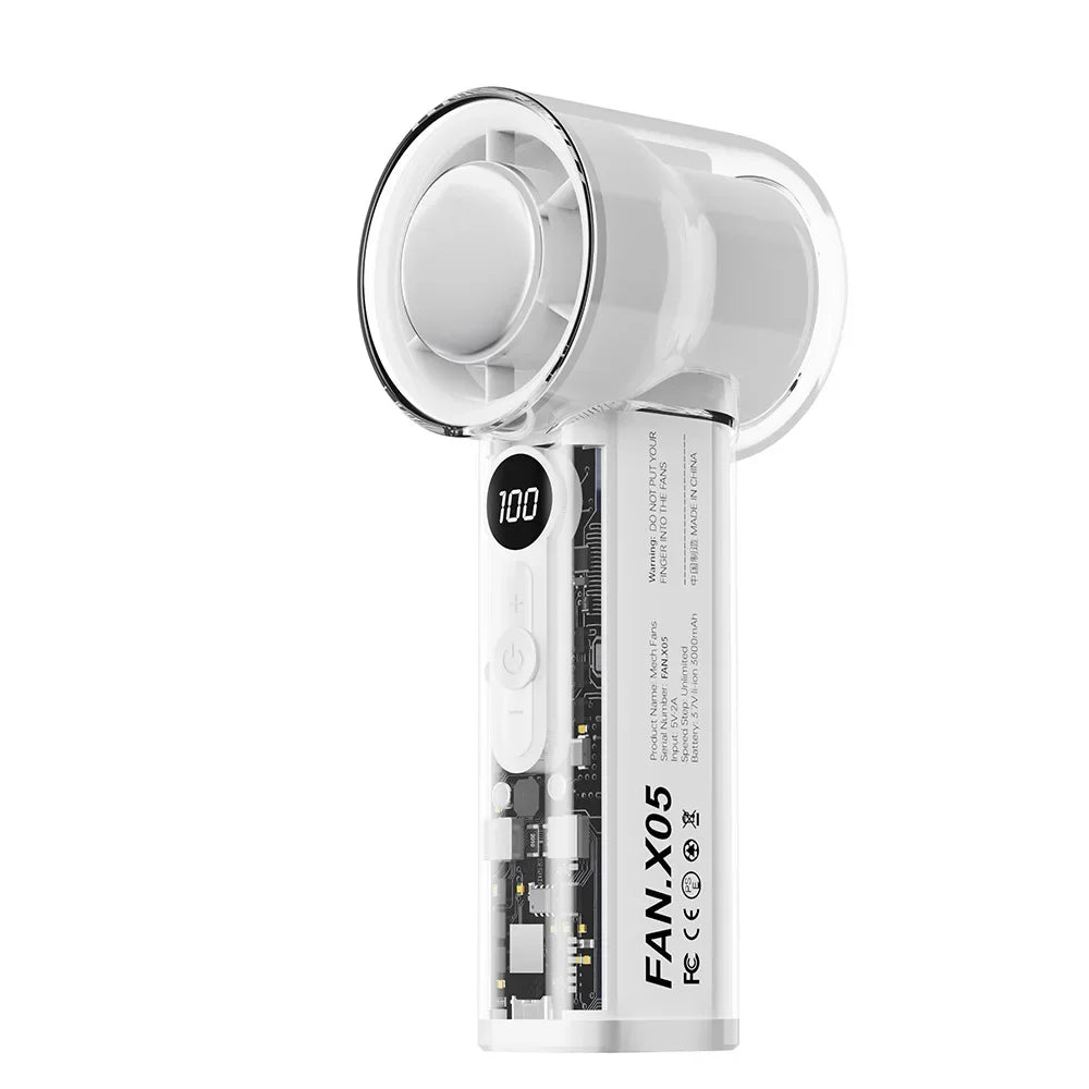 A white portable semiconductor cooling handheld fan with a circular grille and power button.