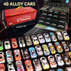 A collection of 48 diecast metal cars packaged in a box and displayed alongside individual models.