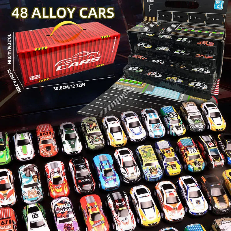 A collection of 48 diecast metal cars packaged in a box and displayed alongside individual models.
