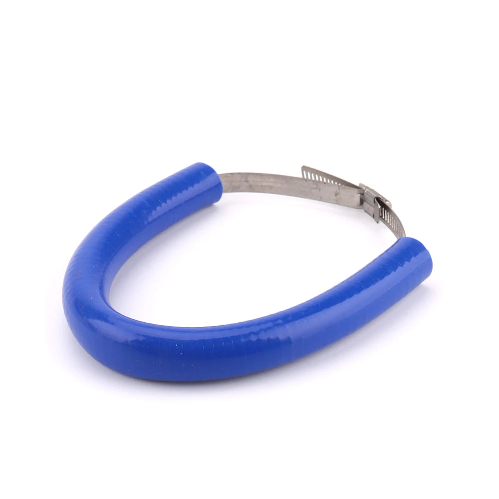 Blue universal dirt bike exhaust guard with a metal clamp.