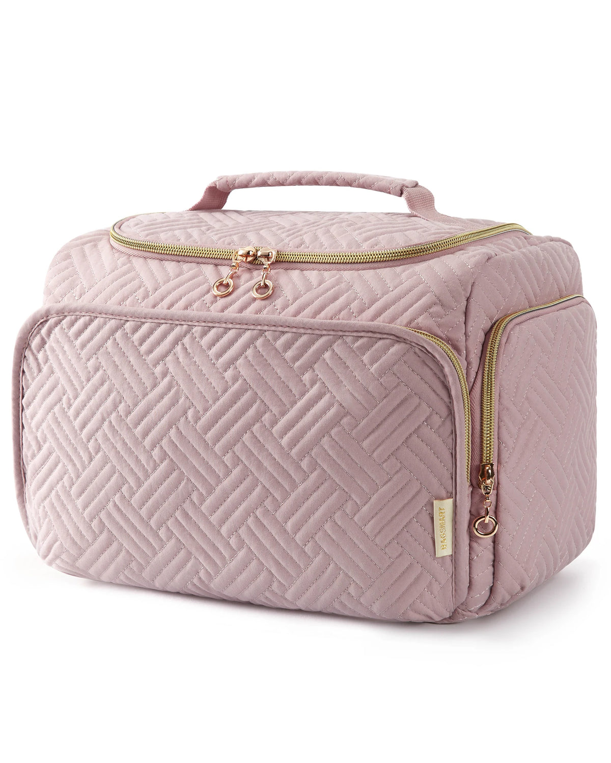 A light pink quilted travel toiletry bag with a zipper and handle.