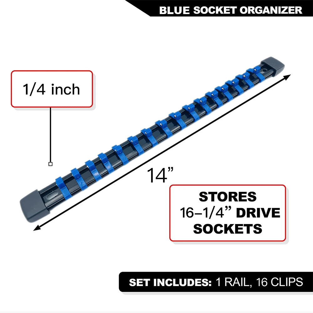 Blue socket organizer rail with a 1/4 inch handle and 16 clips for storing drive sockets