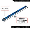 Blue socket organizer rail set with 16 clips for storing 1/4 inch drive sockets
