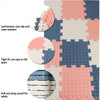 An 8-piece interlocking foam play mat showing various features like leaf texture, tight fit, and drop-proof safety.