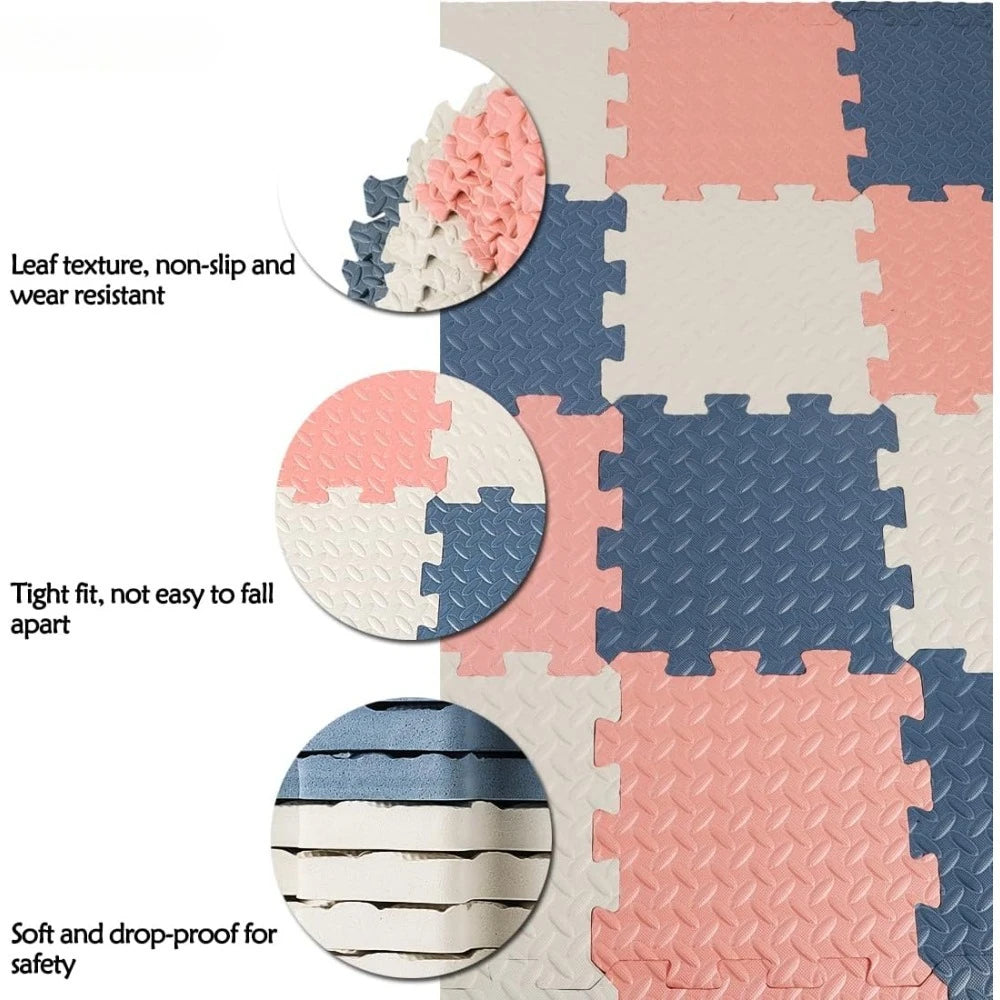 An 8-piece interlocking foam play mat showing various features like leaf texture, tight fit, and drop-proof safety.