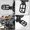 Close-up views of aluminum foot pegs for various electric vehicles, showing installation and design details.