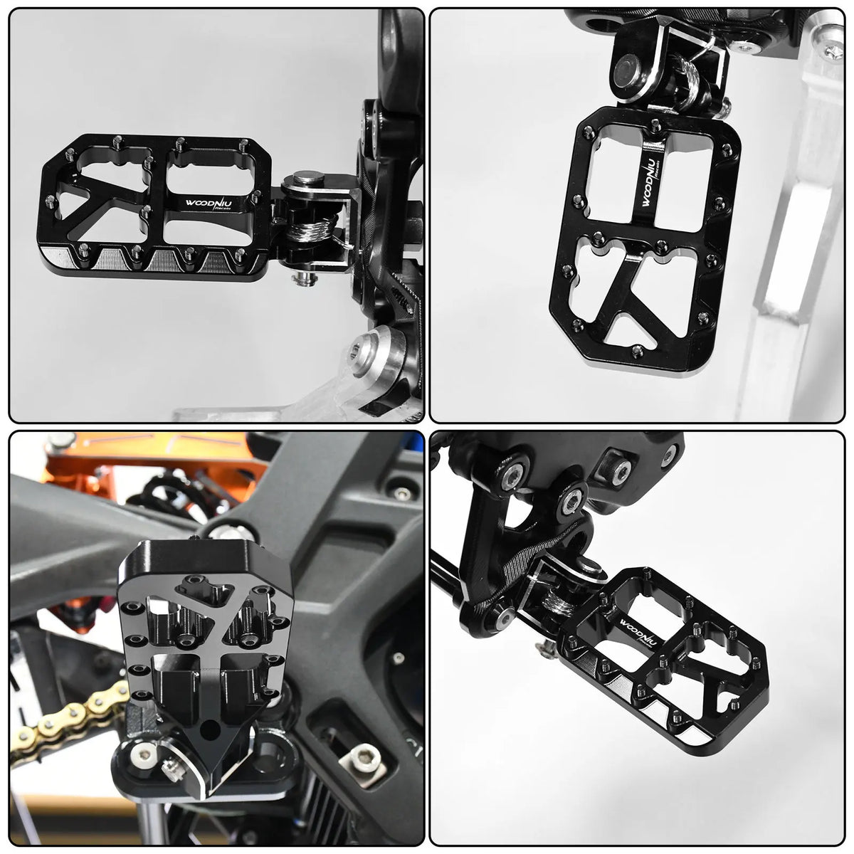 Close-up views of aluminum foot pegs for various electric vehicles, showing installation and design details.