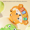 An orange animal piano toy featuring a fox design and a green frog design, made of smooth, polished material for early educat