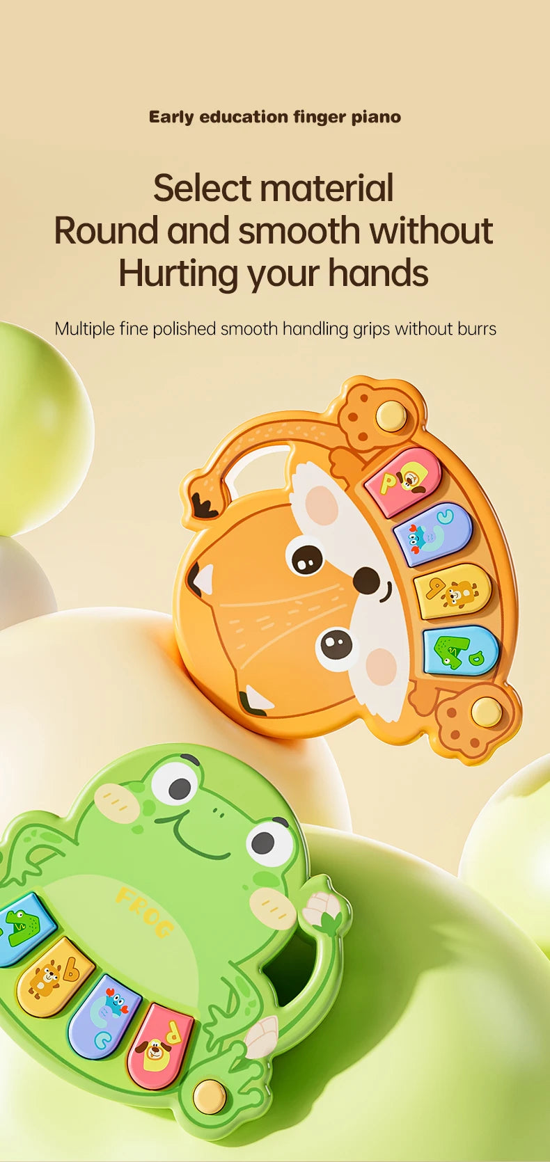 An orange animal piano toy featuring a fox design and a green frog design, made of smooth, polished material for early educat