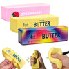 Three boxes of salted butter squishy fidget toys in pink, yellow, and purple colors with a hand squeezing one.