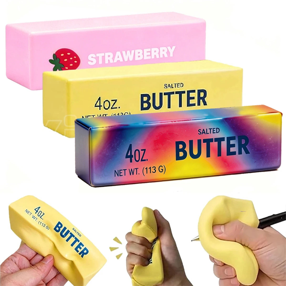 Three boxes of salted butter squishy fidget toys in pink, yellow, and purple colors with a hand squeezing one.