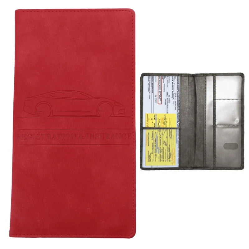 A red leather slim card holder wallet for storing vehicle registration, license, and insurance cards.