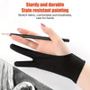 A hand wearing a black stretch fabric drawing glove holding a black pencil over a drawing surface.