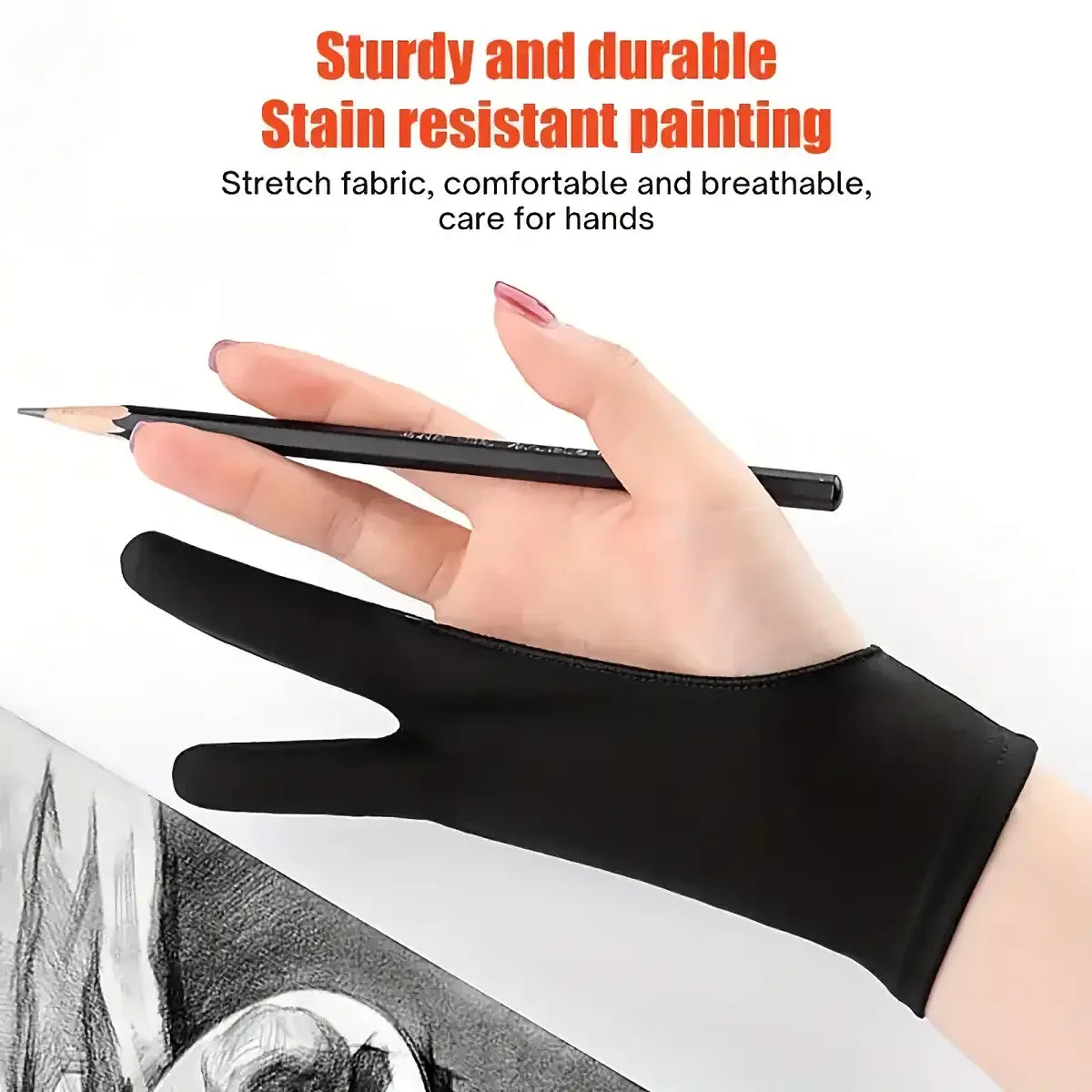 A hand wearing a black stretch fabric drawing glove holding a black pencil over a drawing surface.