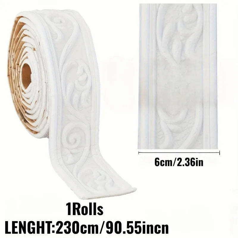 Roll of white 3D embossed peel-and-stick foam wall panels showing the texture and size.